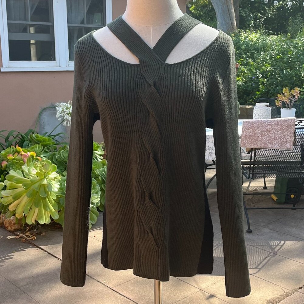 Liverpool Los Angeles Forest Green Ribbed/Cutout Sweater  Size  Large